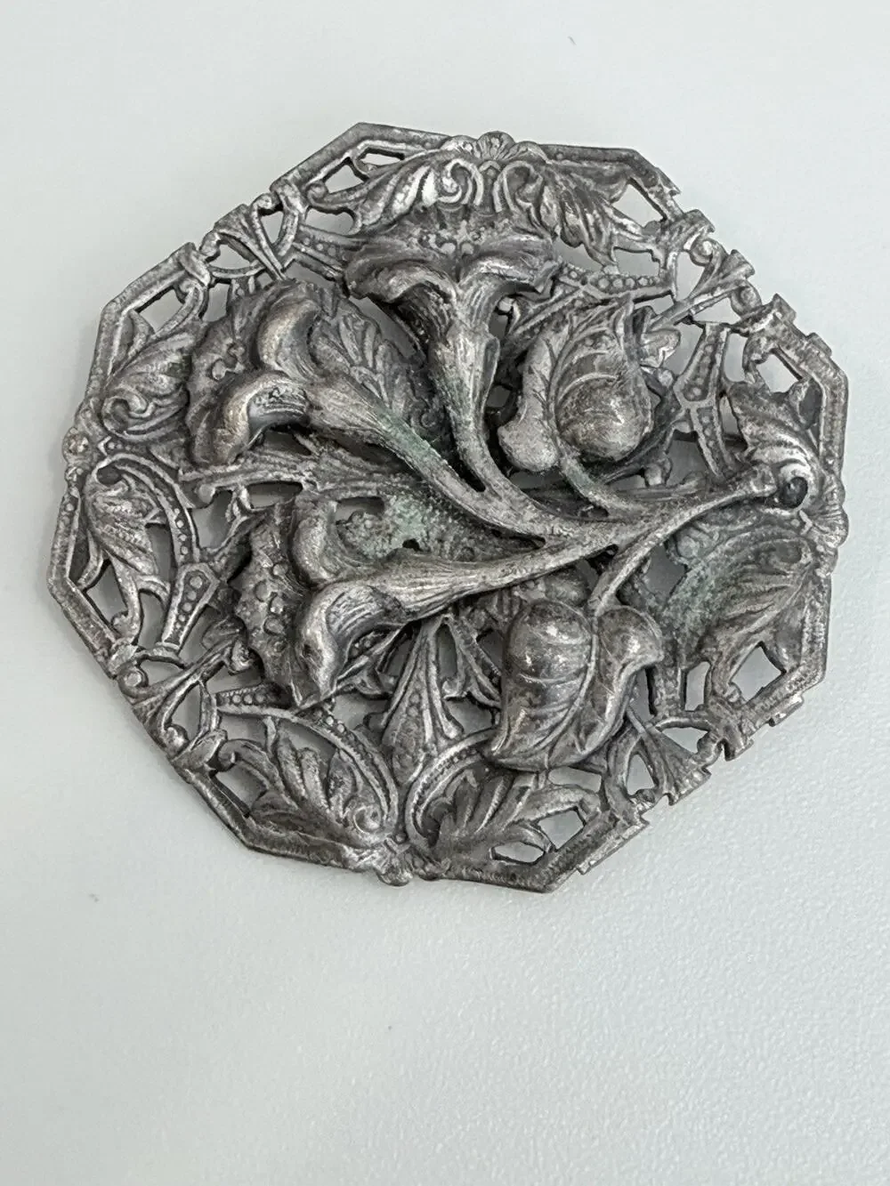 Vintage Art Nouveau Floral Octagon Silver Pewter Tone Brooch